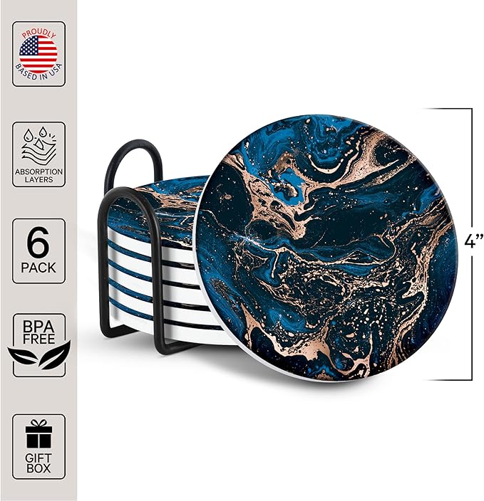 Emerson Coasters for Drinks Absorbent – Natural Stone Drink Coasters Set with Holder, Coasters for Coffee Table, Wooden Tabletop Protection Marble Style – 100% Heavy Duty Set of 6 (Royal)