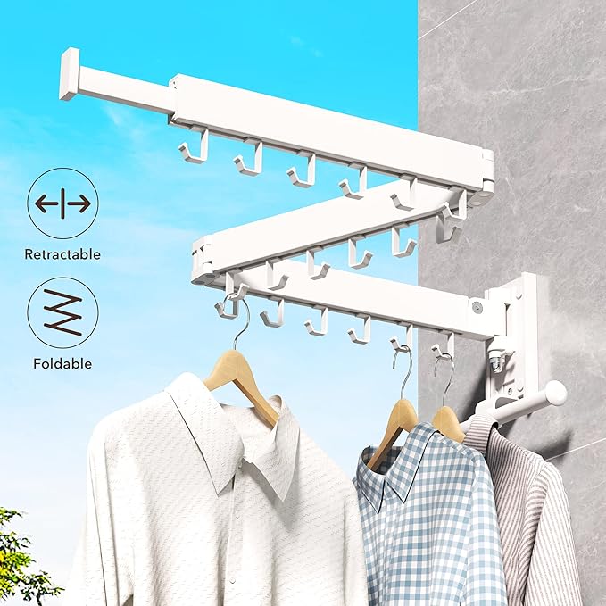 Clothes Drying Rack,Laundry Drying Rack Wall Mount, Wall Mounted Clothes Rack,Retractable,Collapsible(Tri-Fold),Drying Rack Clothing,can Fold Upward & Left & Right,Space Saver, White Color