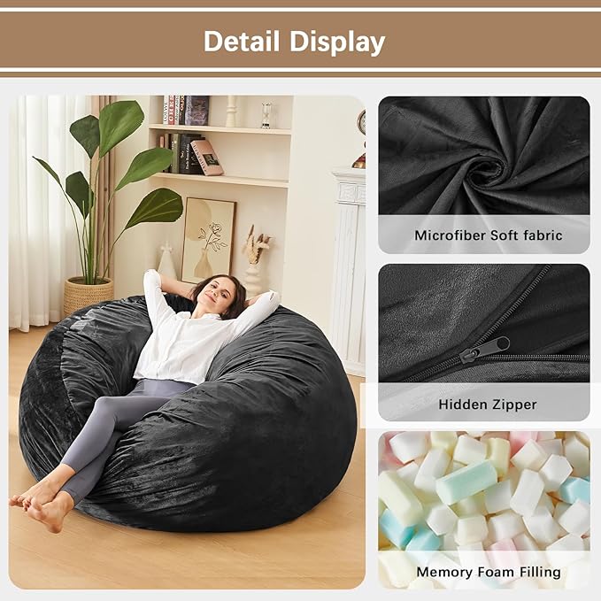 Bean Bag Chairs for Adults - Memory Foam Furniture BeanBag Chair - Kids/Teens Sofa with Soft Micro Fiber Cover - Round Fluffy Couch for Living Room Bedroom College Dorm - 4 ft, Carbon Black
