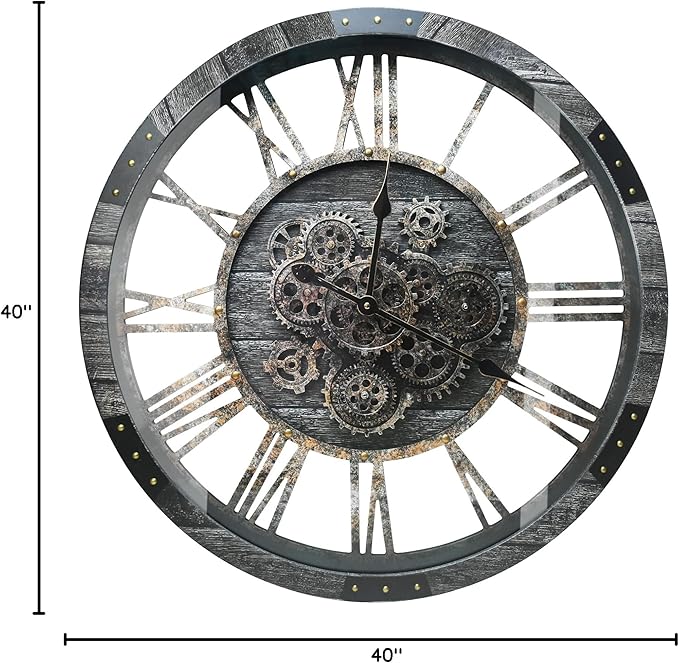 DORBOKER 40" Original Moving Gears Wall Clock, Large Industrial Wall Clock for Living Room Decor,Oversized Wood Vintage Farmhouse Steampunk Rustic Clocks for Wall Decor,Carbon Gray