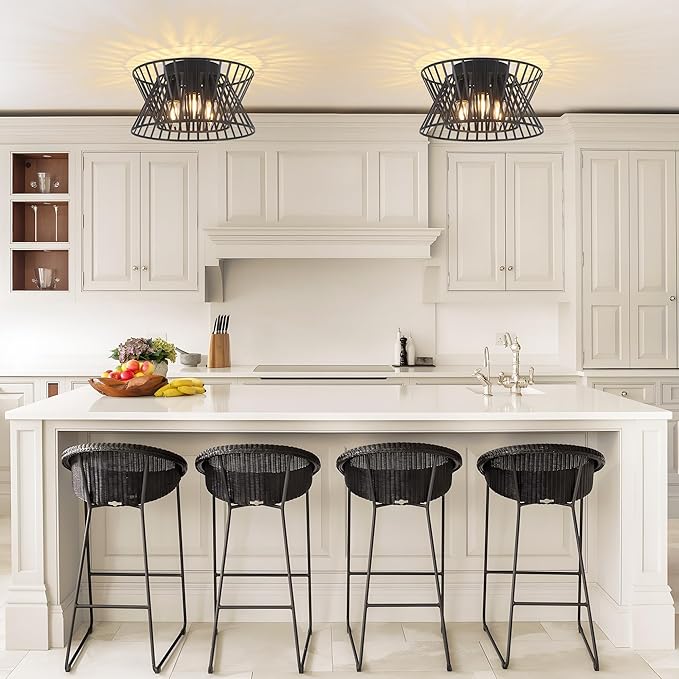 3-Lights Black Ceiling Light Vintage Geometric Chandelier Light Fixture Adjustable Metal Semi Flush Mount Lighting for Kitchen Room Dining Room Foyer