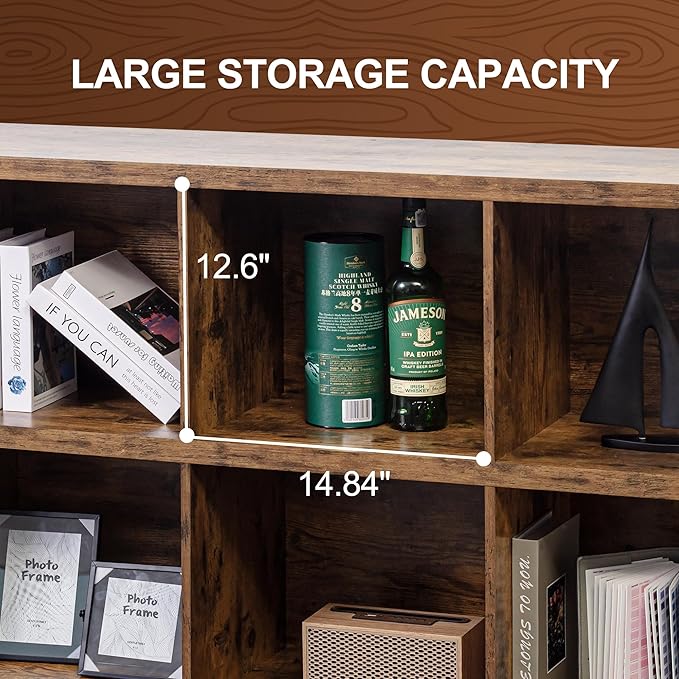 6 Cube Storage Organizer Bookshelf, Industrial Horizontal Bookcase, Accent Cubby Shelf, Media Console Table for Living Room, Home Office, 47.2 Inches, Rustic Brown