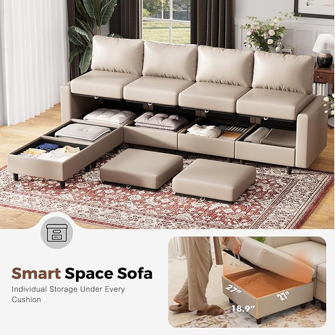 91.5" Faux Leather Modular Sectional Sofa, L Shaped Couch Set for Living Room, 3-Seater Comfy Cloud Couches with Movable Storage Ottoman,DIY Combination - Whitesand