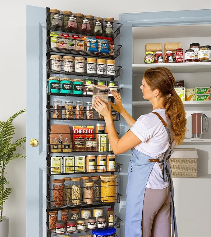 10-Tier Over The Door Pantry Organizer, Pantry Organization and Storage, Black Metal Hanging Adjustable Basket, Wall Spice Rack Seasoning Shelves, Home & Kitchen Essentials