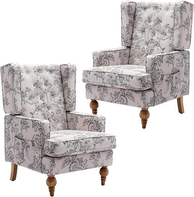 DUOMAY Tufted Accent Chair Set of 2, Modern Linen Upholstered Wingback Side Arm Chair for Living Room Bedroom with Wood Legs, Comfy Reading Guest Chair for Office, Beige Flower Pattern