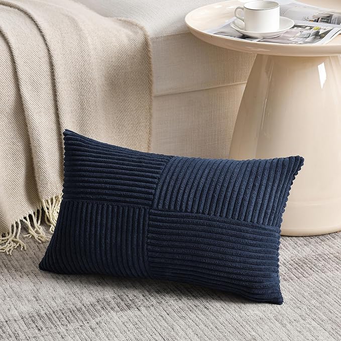 Fancy Homi 2 Packs Navy Blue Long Lumbar Decorative Throw Pillow Covers 16x24 Inch for Couch Bed Sofa, Rustic Farmhouse Boho Home Decor, Soft Striped Corduroy Rectangle Accent Cushion Case 40x60 cm