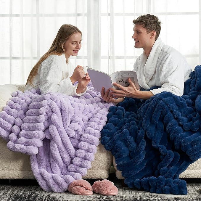 Cozy Bliss Faux Fur Throw Blanket for Couch, Cozy Warm Plush Striped Blanket for Sofa Bedroom Living Room, 50 * 60 Inches Lavender Purple