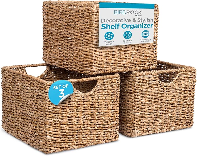BIRDROCK HOME Storage Shelf Organizer Baskets with Handles - Handwoven Abaca Seagrass Wicker Basket for Pantry, Living Room, Office & Bathroom, Versatile Under Shelf Storage - Set of 3, Natural
