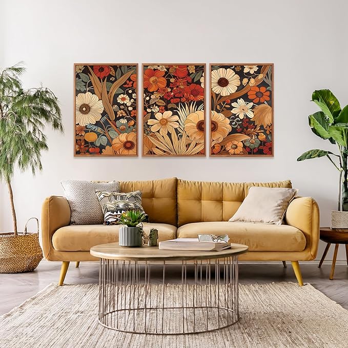 Aurlan Boho Burnt Orange Terracotta Wildflowers Framed Wall Art(16"x24"), 3 PCS Abstract Floral 3D Textured Canvas Artwork, Large Modern Vintage Botanical Nature Art Wall Decor for Home Office Living Room Bedroom