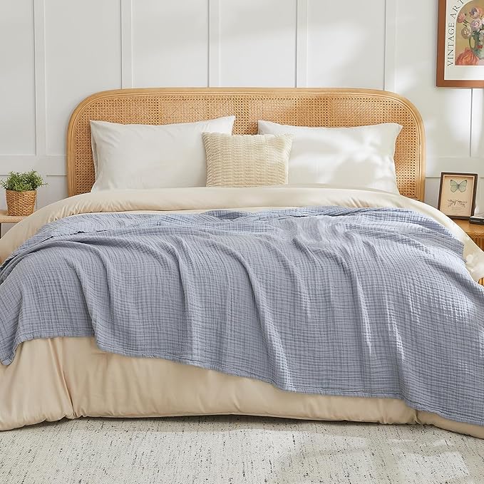 EMME Cotton Muslin Throw Blanket Couch Breathable Gauze Blanket Soft Lightweight Blankets Adults (Dusty Blue, 50"x60")