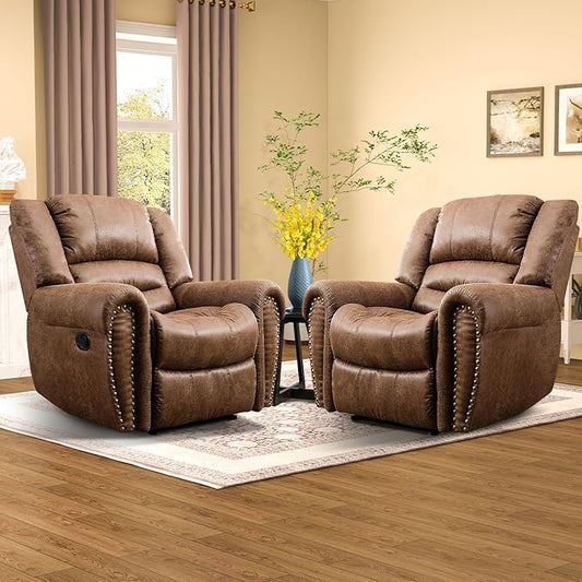 CANMOV Leather Recliner Chair Set of 2, Classic and Traditional Manual Recliner Chair with Comfortable Arms and Back,Manual Single Recliner Sofa for Living Room, Nut Brown