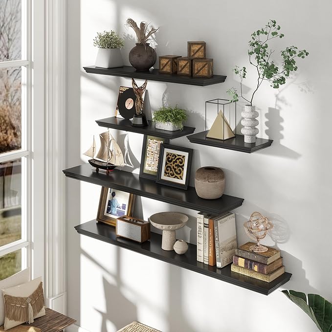 Floating Shelves for Wall, 48 Inch Long Wall Mounted Black Hanging Shelf for Kitchen, Living Room, Office, Bedroom, Bathroom, Retro Vintage Wood Bookshelf for House Decor