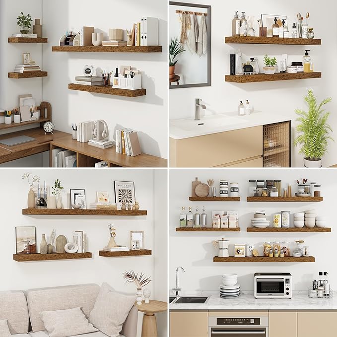 fuqing Floating Shelves for Wall, Bathroom Shelf Wall Mounted for Storage, Shelves with Invisible Bracket for Bedroom, Kitchen, Living Room, Farmhouse Small Book Shelf, 36 Inch Set of 2, Rustic Brown