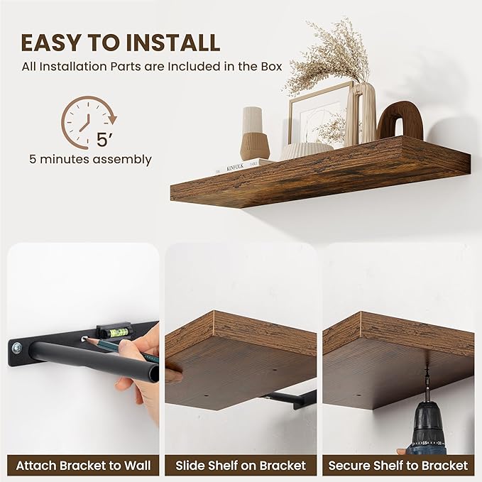 Fun Memories 55 Inch Fireplace Mentel Shelf, 10 Inch Deep Shelves for Display&Wall Storage, Rustic Wood Wall Shelf -Extra Long Floating Shelves for Living Room Laundry Room, Rustic Brown, Set of 1