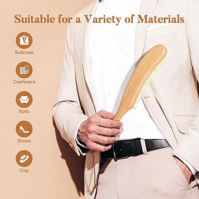 BFWood Clothes Brush - Bristle Lint Brush for Suits, Cashmere, Wool, Velvet, Suede and Pet Hair - Large Beech Wood Handle
