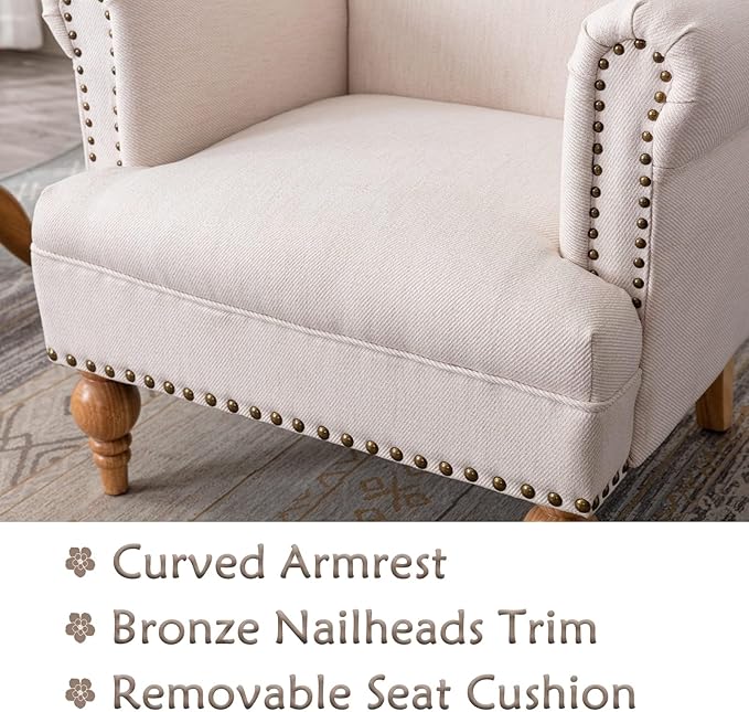 chairus Linen Accent Chair for Living Room Set of 2 Upholstered Mid Century Modern Single Sofa Chair with Solid Wood Legs Comfy Reading Chair Armchair for Bedroom/Office Room/Recption/Lounge, Cream
