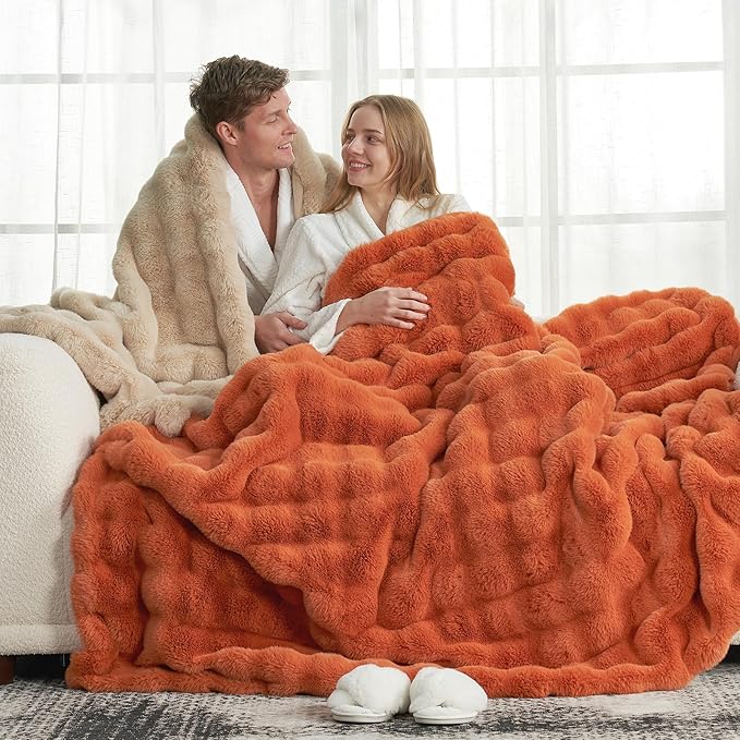 Cozy Bliss Faux Fur Throw Blanket for Couch, Fuzzy Soft Plush Thick Bubble Blanket for Sofa Bedroom Living Room, 50 * 60 Inches Burnt Orange