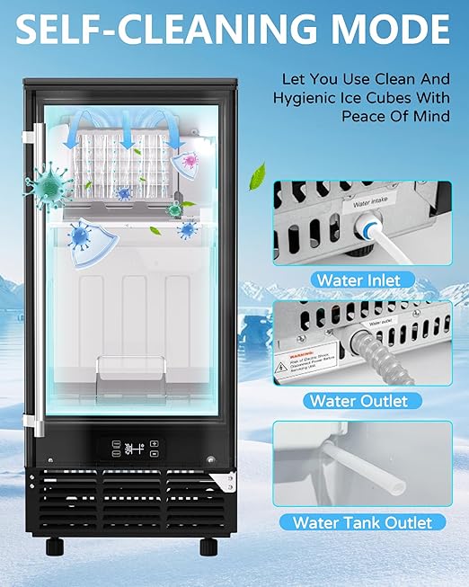 Commercial Ice Maker Machine Reversible Door 120LBS/Day, Undercounter Ice Makers 30LBS Storage Bin and 40 Ice Cubes, Icemaker Machine Brushed Metal with Water Line, Ice Scoop