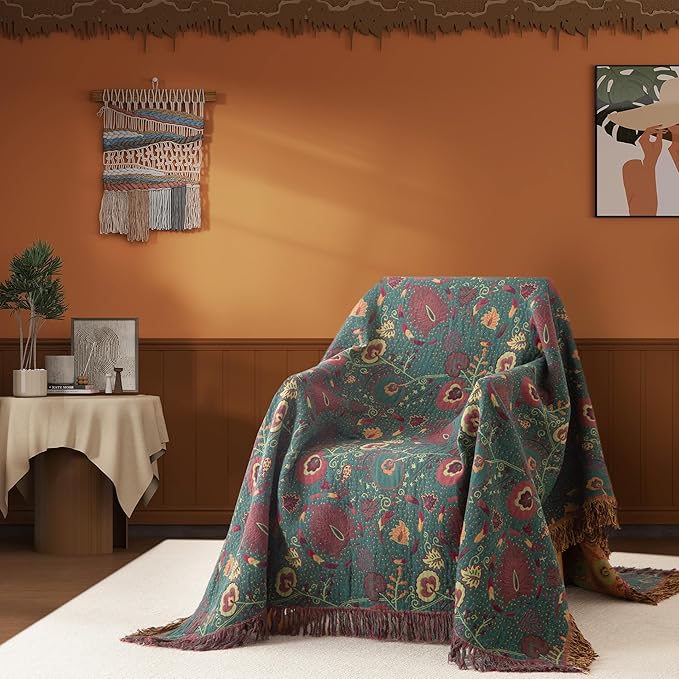 Boho Throw Blanket Twin Size, Soft Cozy Cotton Muslin Quilt Blanket for Bed Decor, Floral Patterned Couch Sofa Chair Cover, Vintage Farmhouse Cottage Tapestry Woven Blanket, Green&Orange