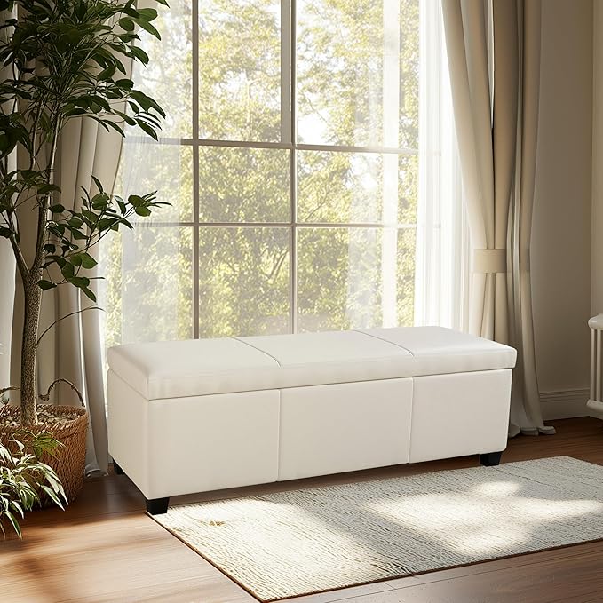 BELLEZE 47 Inch Storage Ottoman, Faux Leather Storage Bench Bedroom Bench with Safety Close Hinge, Ottoman with Storage for Living Room, Entryway, Hallway, Foot Rest, Support 300lbs - Cream