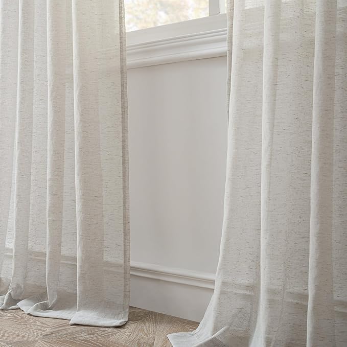 FMFUNCTEX Linen Sheer Curtains for Bedroom, Grey Curtains 84 inches Long for Living Room, Gray Farmhouse French Flax Blend Window Draperies, Rod Pocket 2 Panels Set