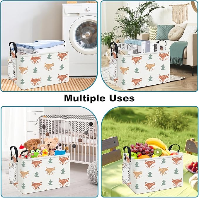 FANKANG Storage Bins, Nursery Hamper Canvas Laundry Basket Foldable with Waterproof PE Coating Large Storage Baskets for Kids Boys and Girls, Office, Bedroom, Clothes,Toys(Rec-Fox ）