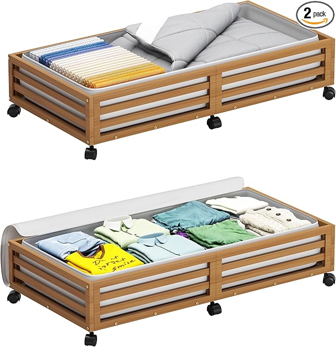 Bamboo Under Bed Storage Containers- Underbed Organizer with Wheels with Large Dust Bag,Sturdy Wood Rolling Under the Bed Shoe Storage Organizer Drawer 2 Packs (Walnut, Long)