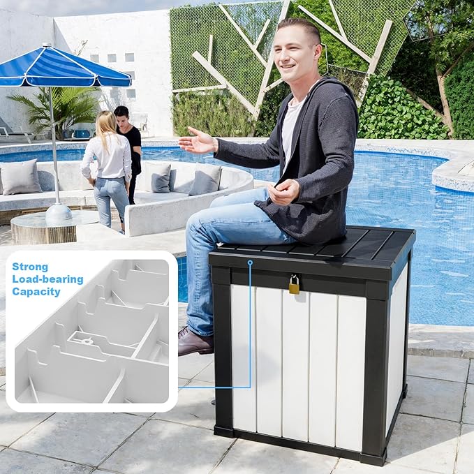 50 Gallon Deck Box Large Outdoor Storage for Patio Furniture,Outdoor Cushions,Garden Tools and Pool Supplies,Waterproof,Resin,Lockable(Black&White)