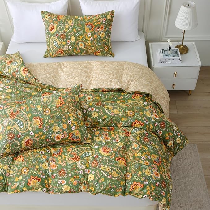 ABREEZE Paisley Bedding Sets 3Pcs Brushed Cotton Duvet Cover Set Queen Size Rustic Damask Green Floral Comforter Cover with Zipper Closure Boho Bedding Collections