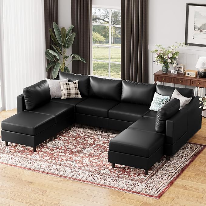 ABCASA 118.5" Faux Leather Modular Sectional Sofa, Modern Large 8 Seater U Shaped Couch with Storage Seat with Reversible Chaise Deep Seat for Living Room DIY Combination - Black
