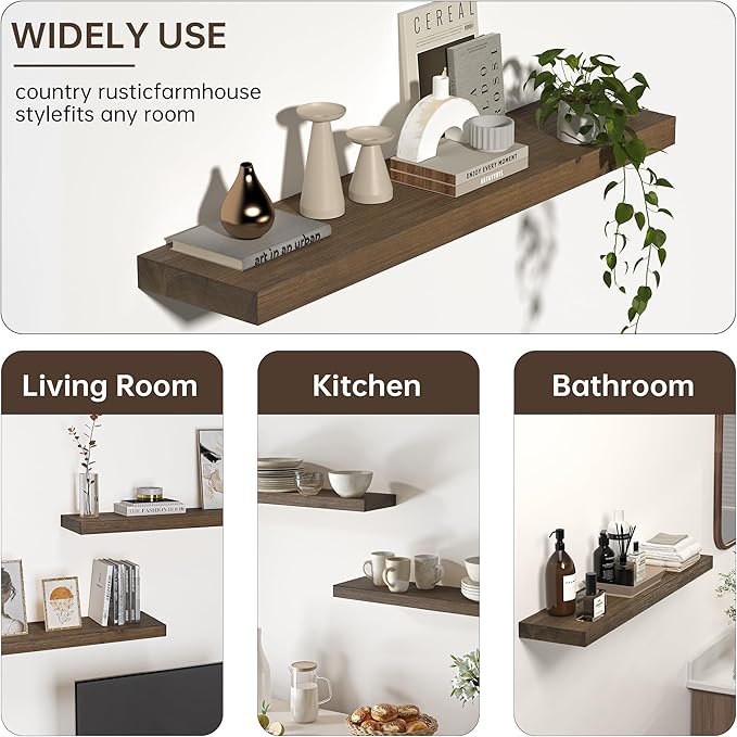 Floating Shelves for Wall, USA-Sourced Fir Wood 36 Inch Wall Shelves Set of 2, Natural Rustic Solid Wooden Floating Shelves Wall Mounted, Nursery Book Storage Shelf, Display Shelf for Bathroom