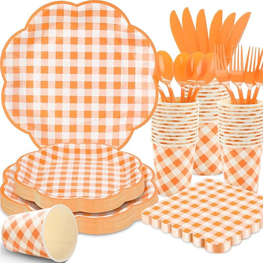 175 Pcs Orange and White Gingham Party Supplies - Orange Gingham Paper Plates and Napkins Sets Serve 25 - Scalloped Checkered Plates for Birthday Picnic Fall Halloween Thanksgivng Party Decorations