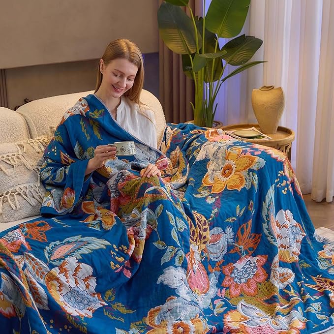 Boho Throw Blanket, Blue Lightweight Blankets for Summer, 100% Cotton Bohemian Decorative Throw Blanket, 50"x60" Reversible Muslin Breathable Woven Farmhouse Blankets Quilt,