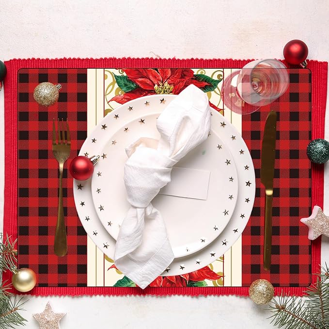 Christmas Poinsettia Placemats Set of 6 Red Watercolor Poinsettia Plastic Table Mats Christmas Xmas Red Flower Place Mats Winter Holiday Table Decoration for Indoor Outdoor Party Kitchen Dining