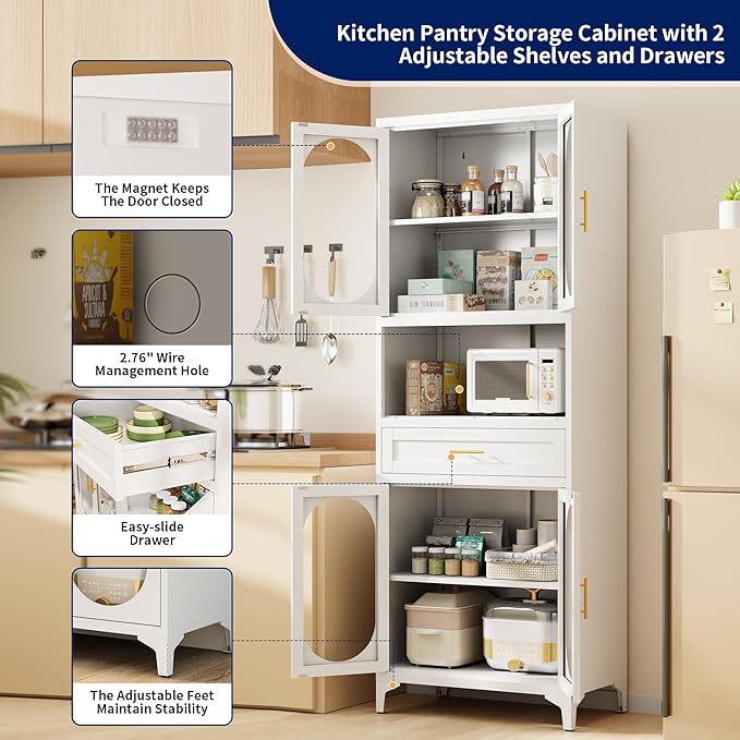 75” Tall Kitchen Pantry Storage Cabinet, Metal Storage Cabinet with 1 Drawer and Adjustable Shelves, Kitchen Pantry Cupboard, Freestanding Cupboard for Bathroom, Living Room (White-Glass Door)
