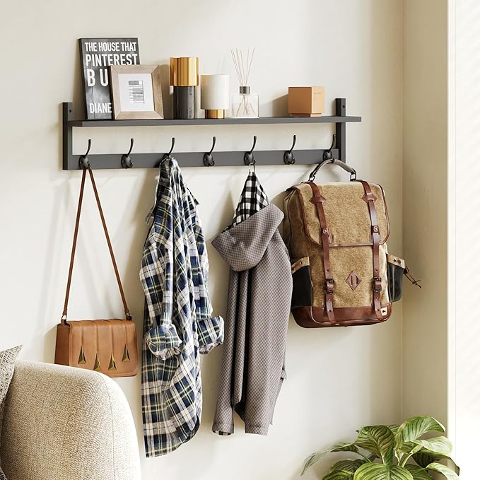 BAMEOS 35 Inch Wall Hooks With Shelf - Entryway Hanging Wood Coat Rack With 7 Dual Hooks for Bathroom, Living Room, Bedroom (Black)