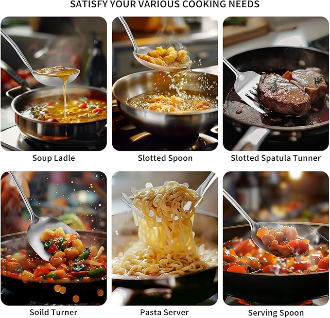 304 Stainless Steel Cooking Utensils,6 Pcs Kitchen Cooking Utensils Set with Spatula, Solid Spoon, Ladle, Skimmer, Spaghetti Spoon,Dishwasher Safe