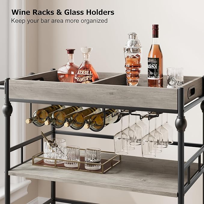 GarveeHome Bar Cart, Bar Carts for The Home, 3 Tier Serving Cart with Wheels, Home Bar & Serving Carts, Metal Rolling Cart with Wine Rack & Removable Tray for Kitchen, Dining Room, Living Room-Grey
