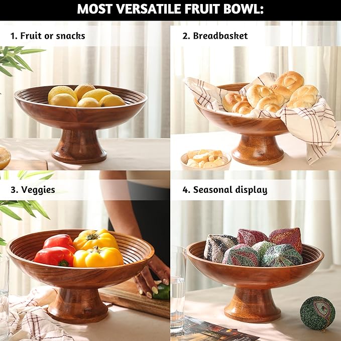 Folkulture Wooden Fruit Bowl for Kitchen Counter | 12" Large Premium Eco Friendly Banana Fruit Basket for Kitchen | Acacia Wood Bowl with Holder, Pedestal for Table Decor, Centerpiece for Dining Table