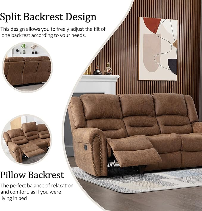 CANMOV Manual Reclining Sofa Set, Faux Leather Manual Recliner Sofa and Recliner Chair with Overstuffed Armrest for Living Room,Bedroom Furniture,Office,Nut Brown