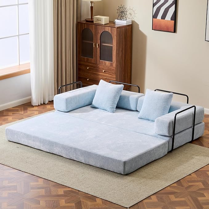 Convertible Sleeper Sofa Bed, Compression Folding Sofa with Pillow, No Assembly Required, Shape Frame, Floor Sofas Lounge Couch for Living Room, Bedroom, Small Spaces(Chenille, 77''W, Light Blue)
