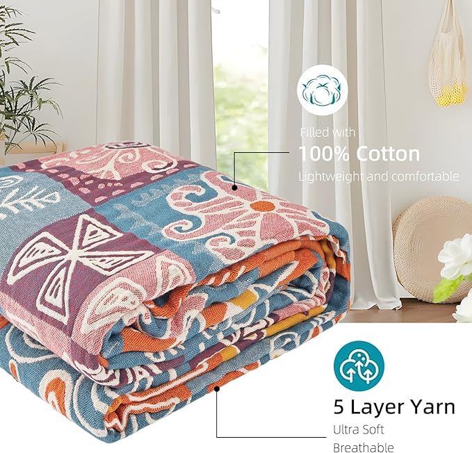 Boho Throw Blanket for Bed - 100% Pure Cotton Ultra Soft Rustic Quilt - Farmhouse Decor Bed Blankets, All Season Rustic Throw for Sofa Couch Chair(91''x 98'', Art Squares)