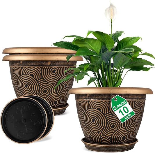 10 Inch Flower Pots Planters for Indoor Outdoor Plants, 3 Pack Plastic Large Plant Pots with Drainage Hole & Tray, Modern Decorative Garden Pot with Saucer, Plant Container for House
