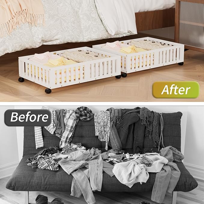 Bamboo Under Bed Storage with Wheels (2-Pack) – Rolling Underbed Shoe Organizer Box for Shoes, Blankets, Toys, Clothes Container Space-Saving Organizer Bins for Bedroom, Closet, Dorm, Nursery