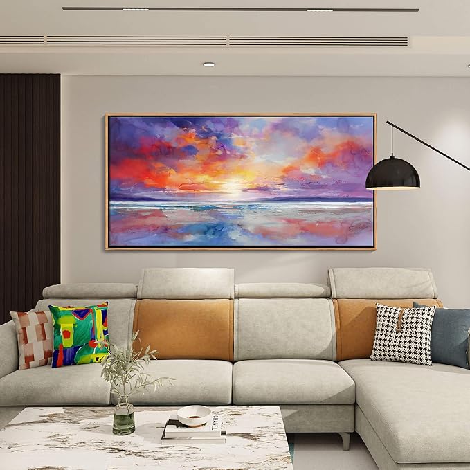 DUNHUANG ART Vibrant Ocean Sunset Canvas Wall Art - Beach Decor & Sunrise Poster - Red Scenery Poster for Living Room & Bathroom - 24"x48"