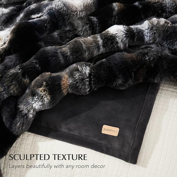 EVERGRACE Ultra Soft Luxury Fluffy Ridgeline Faux Rabbit Fur Bubble Throw Blanket, Thick Warm Fuzzy Throw for Bed, Cozy Plush Reversible Blanket for Couch,Charcoal Gray Heather, 60x80 Inches, 870 GSM
