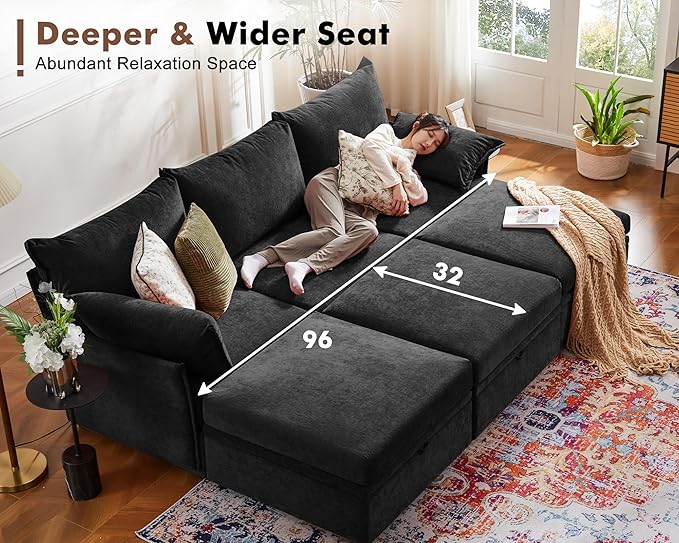 102.6" U Shaped Modular Sectional Sofa, 5 Seater Couch with Storage Ottoman Deep Seat and High Backrest with Removable Cover for Living Room, Apartment - Chenille Black