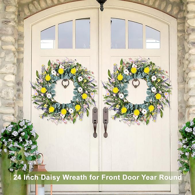 Artgar Spring Wreaths for Front Door, 24 Inch Daisy Wreath, Artificial Spring Summer Wreath with Eucalyptus Leaves Paper Flowers for Indoor Outdoor Home Door Window Wall Wedding Decor