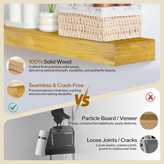 Floating Shelves 3 inch Thick for Wall Set of 2,Solid Pine Wood Wall Mount Shelf for Kitchen Living Room Bedroom Bathroom,8" D x 24" L x 3" H-Gold Oak