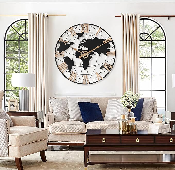 24 Inch Large Wall Clock for Living Room Decor,Big Modern Decorative Silent World Map Metal Wall Clock with Vintage Gold Roman Numeral for Office,Living Room,Kitchen,Dining Room
